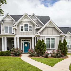 The Accumsan Enim: Two-story gray house with white trim, a blue front door, and manicured garden. A curved sidewalk guides to the entrance framed by bushes under an overcast sky.